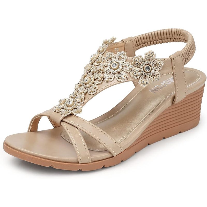 TEMOFON Womens Sandals Wedge Low: Summer Open Toe Wedges - Dressy Casual Elastic Ankle Strap Platform - Comfortable Rhinestone Flower Sandals - Image 1
