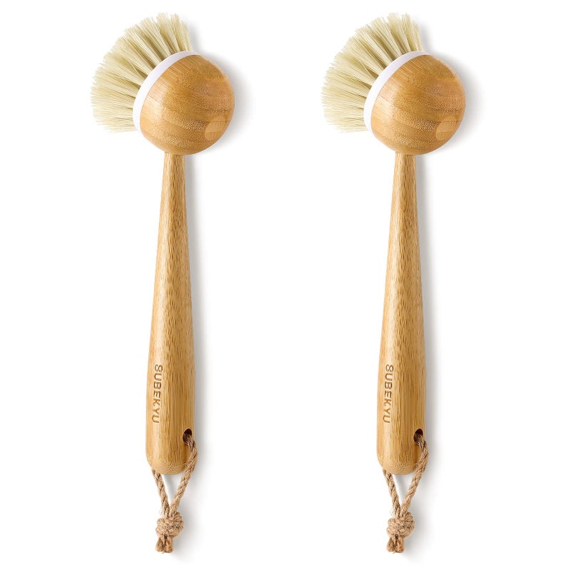 SUBEKYU Dish Brush with Handle Natural Bamboo Dish Scrubber Brush Kitchen Dishwashing Brush for Cleaning DishesPansPotsSinks Sisal Bristles 2P