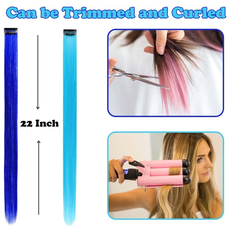 REDMENCO Colored Hair Extensions Clip In, 12 Pieces, 6 Blue + 6 Teal Blue - Image 3