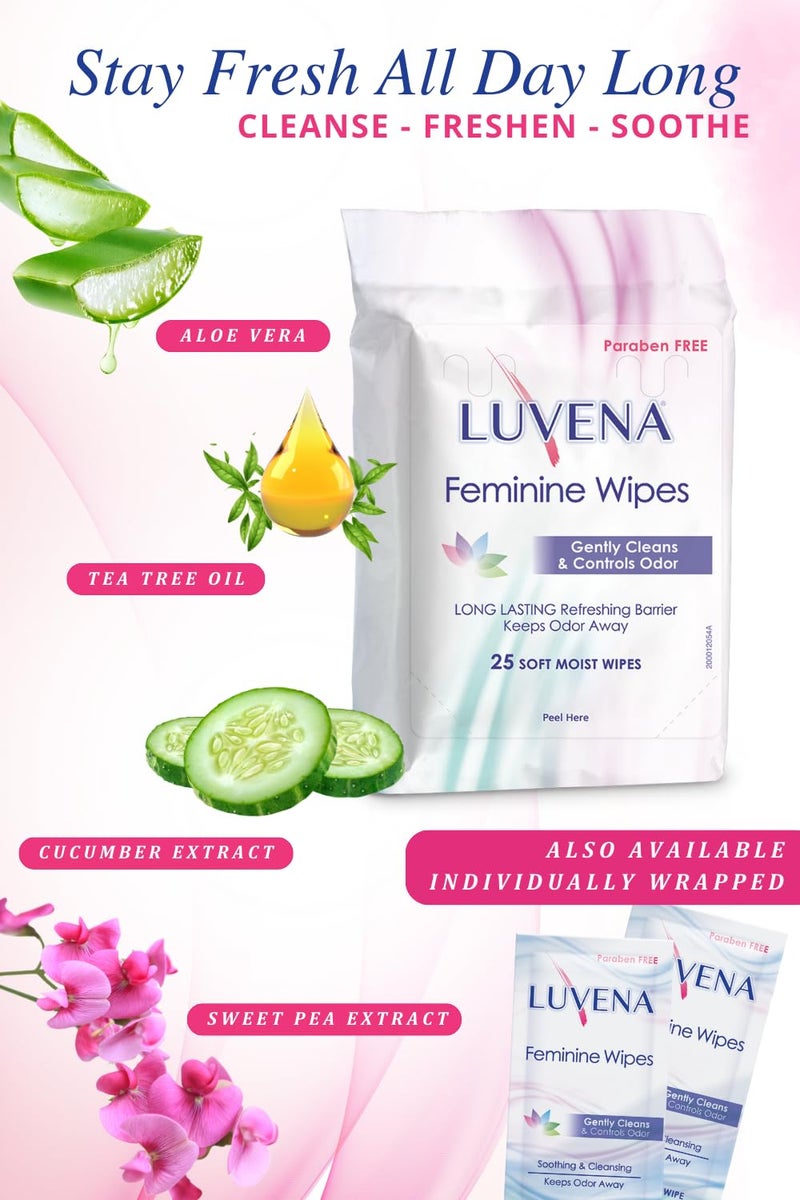 LUVENA مناديل لوفينا النسائية - مناديل رطبة ناعمة للنساء - انتعاش ومقاومة للرائحة - مختبرة من قبل أطباء النساء - مناديل تنظيف مناسبة للسفر - برائحة الخيار (25 قطعة، 1 عبوة) - Image 4