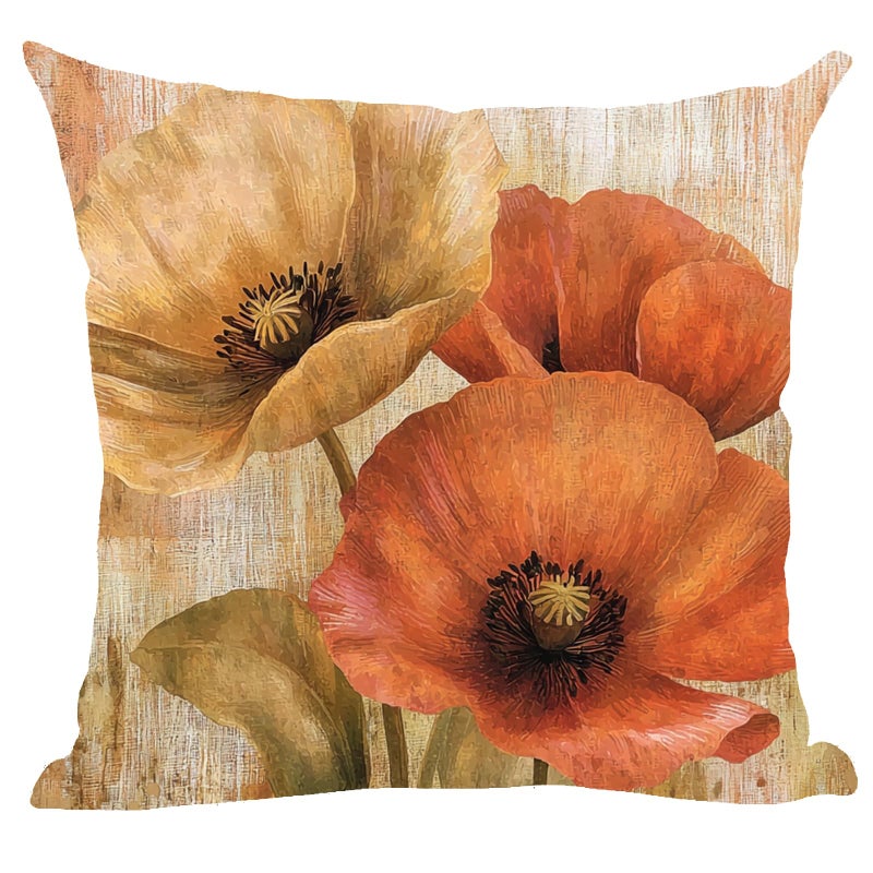 Ramirar Ramirar Ink Painting Watercolor Retro Brown Orange Poppy Flowers Decorative Throw Pillow Cover Case Home Living Room Bed Sofa Car Cotton Linen Square 18 x 18 Inches 