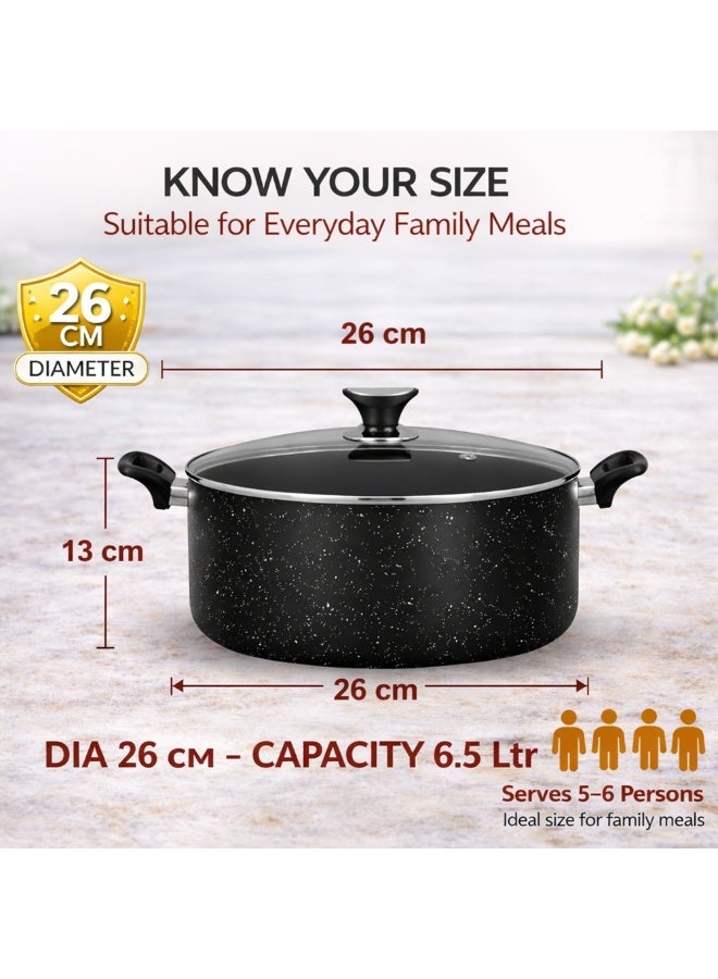 Sonex Non Stick Casserole 26 cm (6.5 Ltr), Marble Granite Coated, Heavy Duty Cookware, Even Heating, Tempered Glass Lid, Durable Aluminum Built, Heat Resistant Handle, Easy to Clean - Image 2