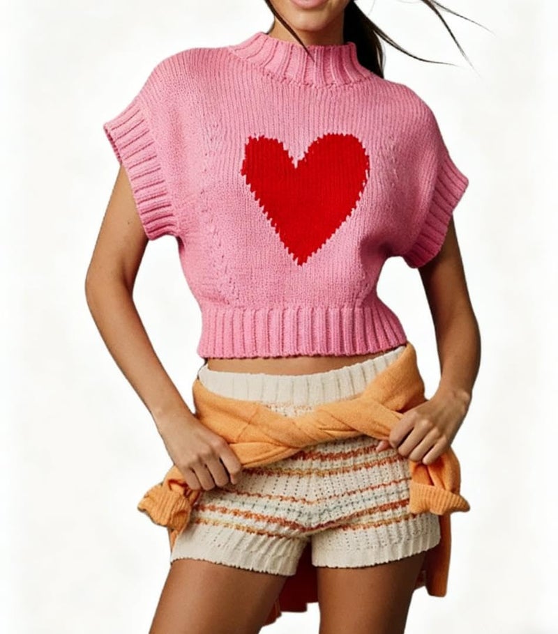 Comulish Red Heart Sweater Vests for Women Cute Mock Neck Short Cap Sleeve Cropped Sweaters Valentines Day Tank Tops (Pink, M) - Image 2