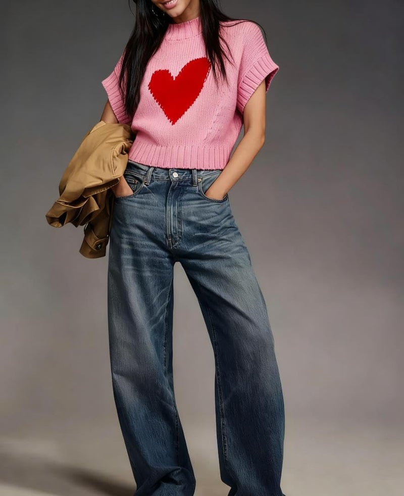 Comulish Red Heart Sweater Vests for Women Cute Mock Neck Short Cap Sleeve Cropped Sweaters Valentines Day Tank Tops (Pink, M) - Image 3
