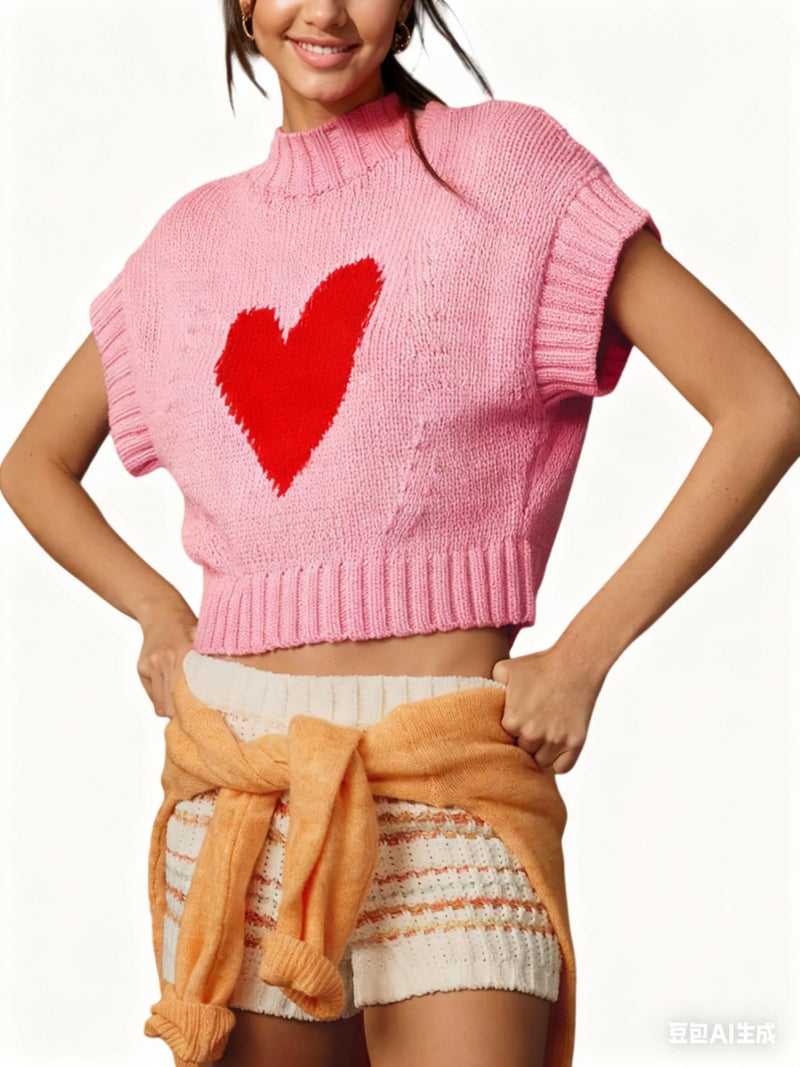 Comulish Red Heart Sweater Vests for Women Cute Mock Neck Short Cap Sleeve Cropped Sweaters Valentines Day Tank Tops (Pink, M) - Image 5
