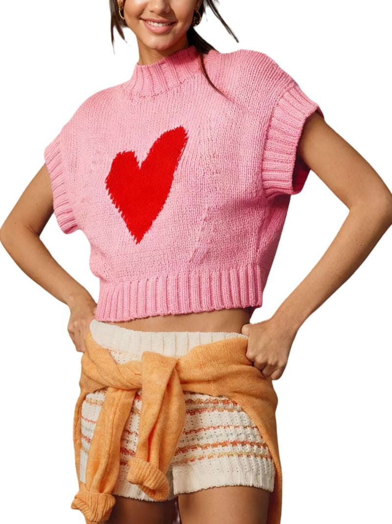 Comulish Red Heart Sweater Vests for Women Cute Mock Neck Short Cap Sleeve Cropped Sweaters Valentines Day Tank Tops (Pink, M) - Image 1