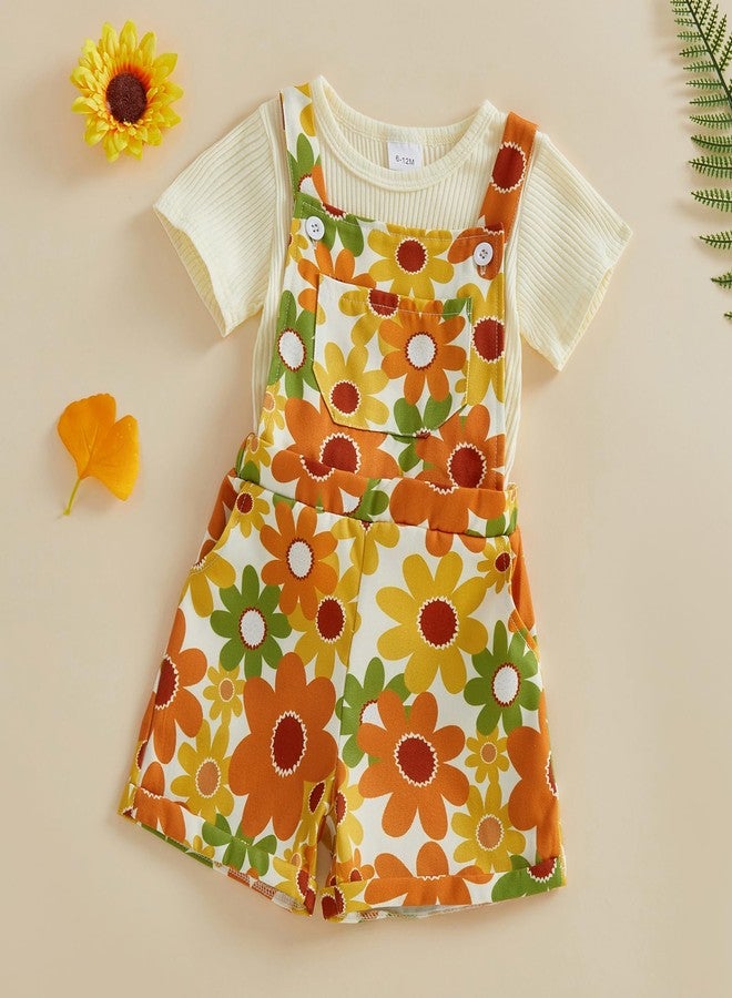 Nyapruwe Toddler Girls Summer Outfit Short Sleeve Ribbed T-Shirt and Bib Suspender Overalls Shorts Set Kid 2Pcs Clothes (Beige -top + Yellow flower, 2-3T) - Image 5