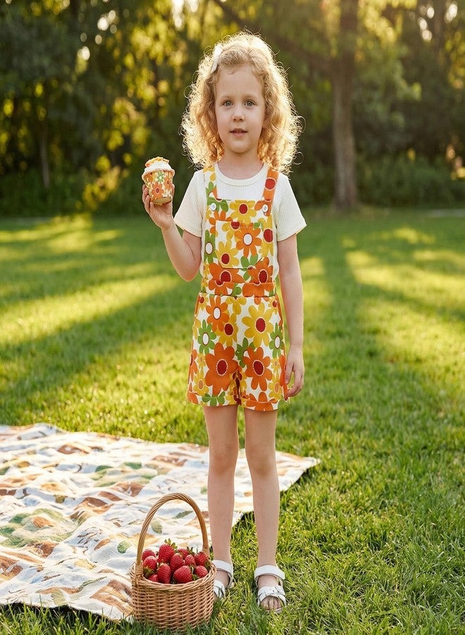 Nyapruwe Toddler Girls Summer Outfit Short Sleeve Ribbed T-Shirt and Bib Suspender Overalls Shorts Set Kid 2Pcs Clothes (Beige -top + Yellow flower, 2-3T) - Image 3