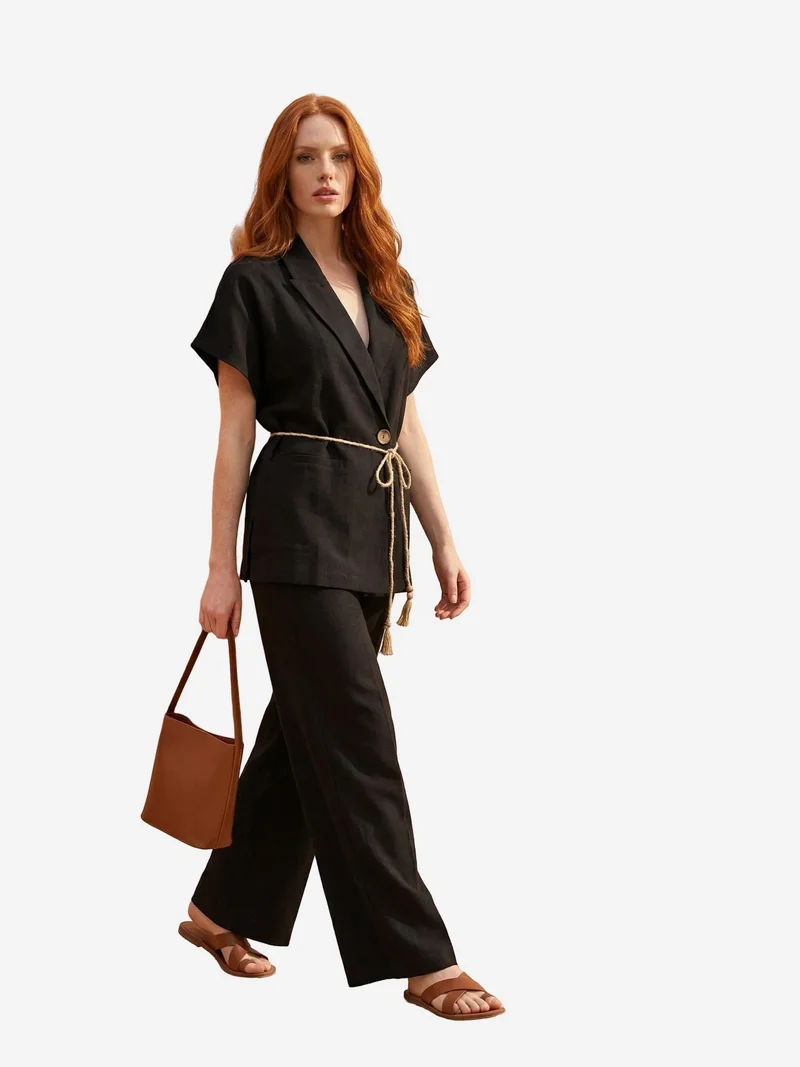 ماي فاشن MY FASHION V-Neck Buttoned Blouse & High Waist Trousers Two-Piece Set