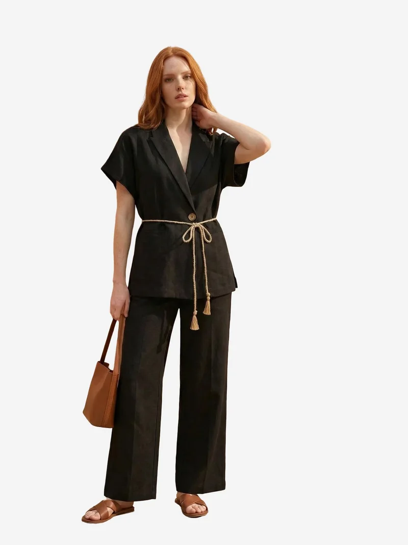 My Fashion Black MY FASHION V-Neck Buttoned Blouse & High Waist Trousers Two-Piece Set for Women | Best Price UAE