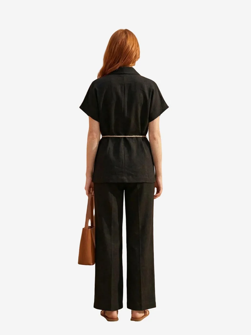 My Fashion Black MY FASHION V-Neck Buttoned Blouse & High Waist Trousers Two-Piece Set for Women | Best Price UAE