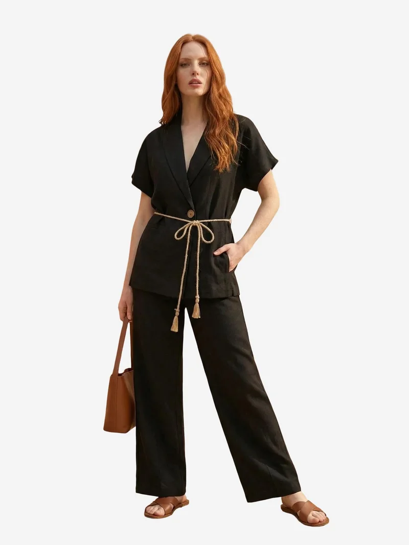 ماي فاشن MY FASHION V-Neck Buttoned Blouse & High Waist Trousers Two-Piece Set