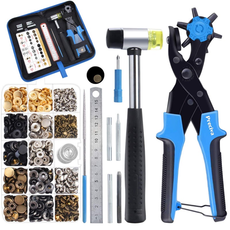 Preciva Hole Punch Plier, Revolving Punch Tool Kit with Pliers, Ruler, Grinding Rod, Plastic Hammer, 340pcs Snap Fasteners & Rivets - Image 1