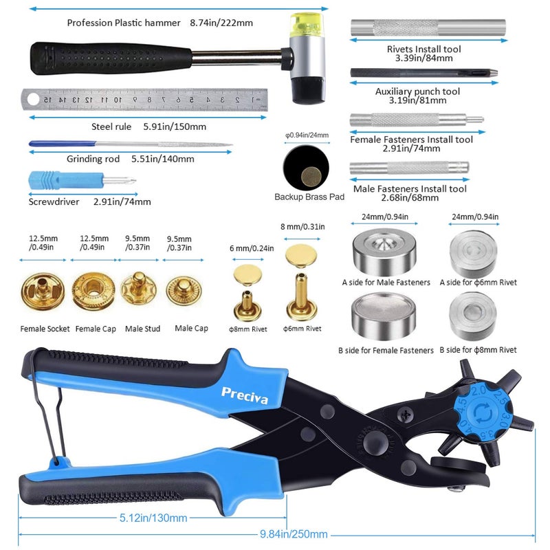 Preciva Hole Punch Plier, Revolving Punch Tool Kit with Pliers, Ruler, Grinding Rod, Plastic Hammer, 340pcs Snap Fasteners & Rivets - Image 5