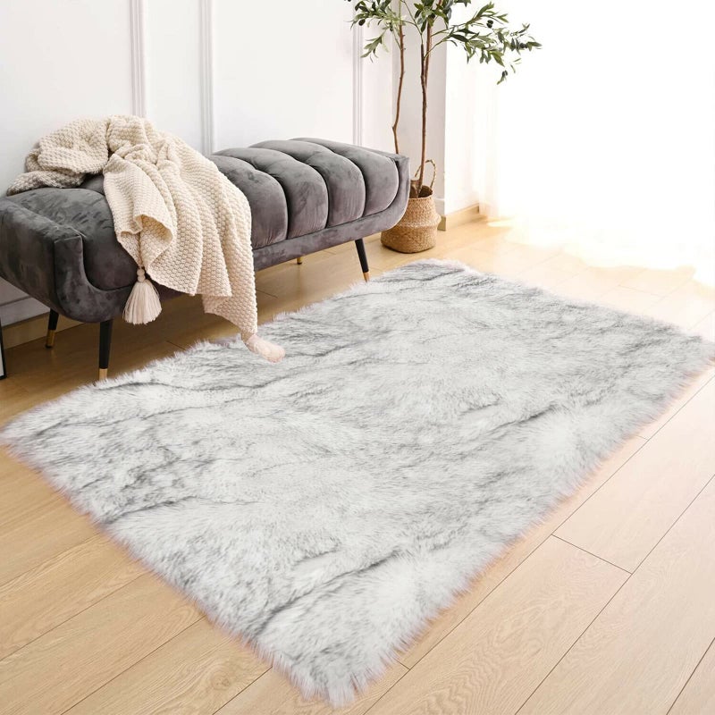 Latepis White with Grey Tips Sheepskin Rugs 4x6, Faux Fur Rug for Living Room, Fluffy Washable Rugs for Bedroom, Teen Room Decor, Rectangle - Image 2