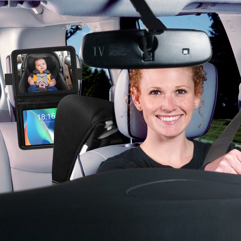 Brislut Baby Car Mirror with Adjustable Tablet Holder, Road Trip Essentials for Kids, Backseat Mirror to See Rear Facing Infant, Ipad Case for Car Headrest - Image 4