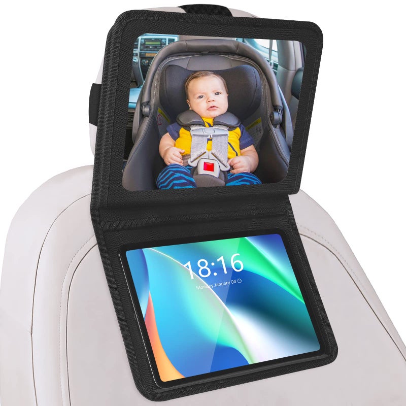Brislut Baby Car Mirror with Adjustable Tablet Holder, Road Trip Essentials for Kids, Backseat Mirror to See Rear Facing Infant, Ipad Case for Car Headrest - Image 1