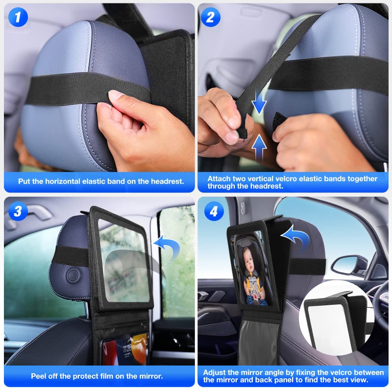 Brislut Baby Car Mirror with Adjustable Tablet Holder, Road Trip Essentials for Kids, Backseat Mirror to See Rear Facing Infant, Ipad Case for Car Headrest - Image 5