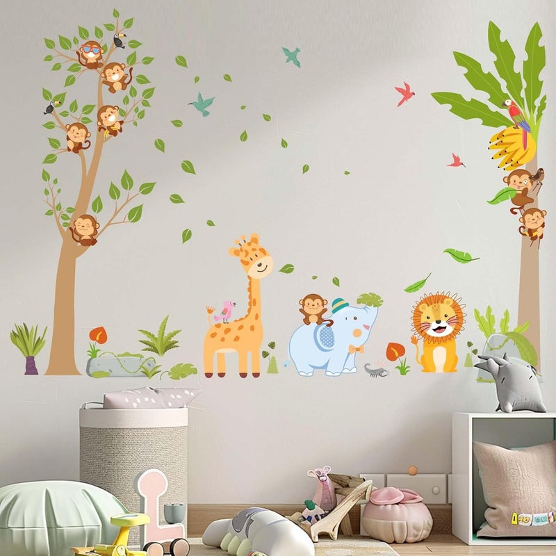 AnFigure AnFigure Jungle Animal Wall Stickers Giraffe Elephant Lion Wall Decals Forest Monkey Tree Wall Stickers for Kids Girls Boy Baby Room Nursery Daycare Bedroom Kindergarten Wall Decor - Image 1