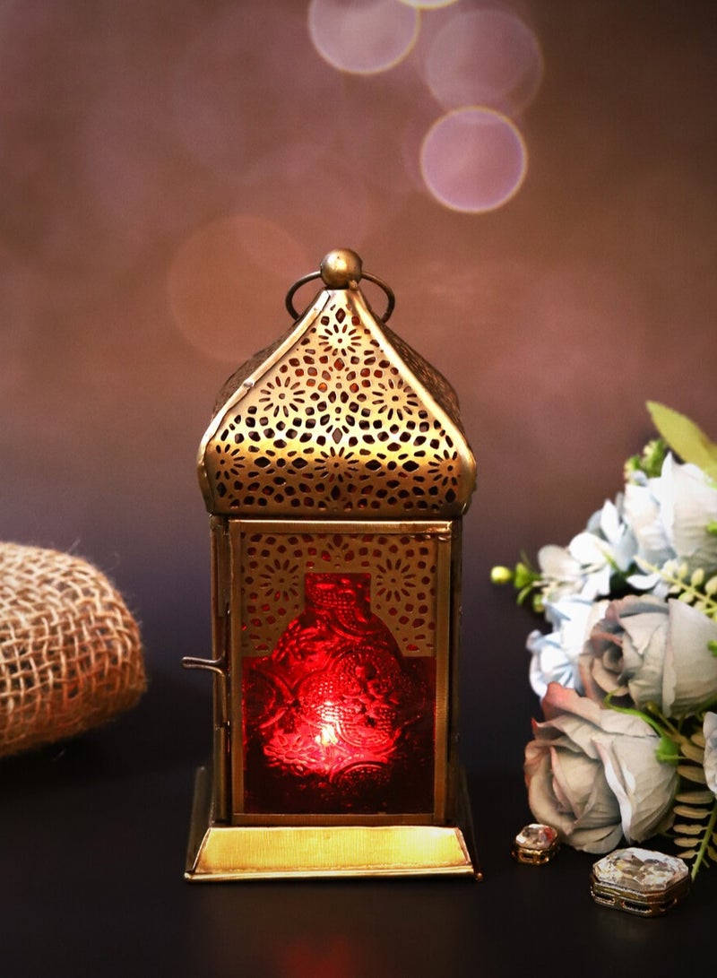 HILALFUL Handmade Decorative Candle Lantern, Medium | Suitable for Indoor & Outdoor Décor | Moroccon Arabian Style | For Home Decoration in Ramadan, Eid | Iron | Islamic Gift | Red Glass - Image 2