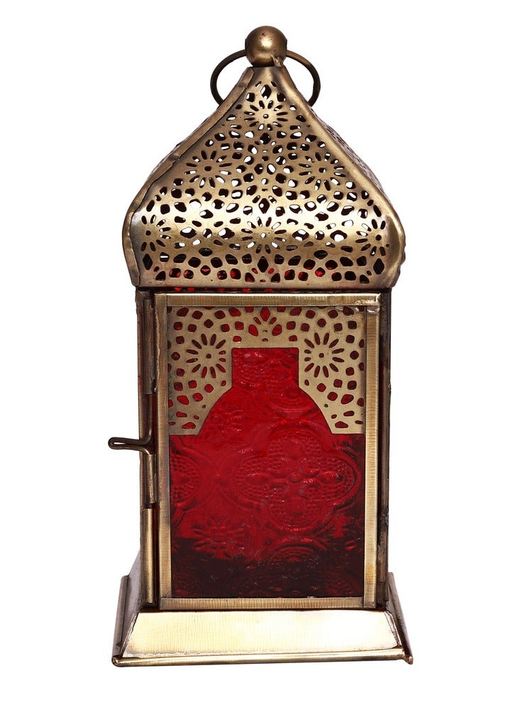 HILALFUL Handmade Decorative Candle Lantern, Medium | Suitable for Indoor & Outdoor Décor | Moroccon Arabian Style | For Home Decoration in Ramadan, Eid | Iron | Islamic Gift | Red Glass - Image 1