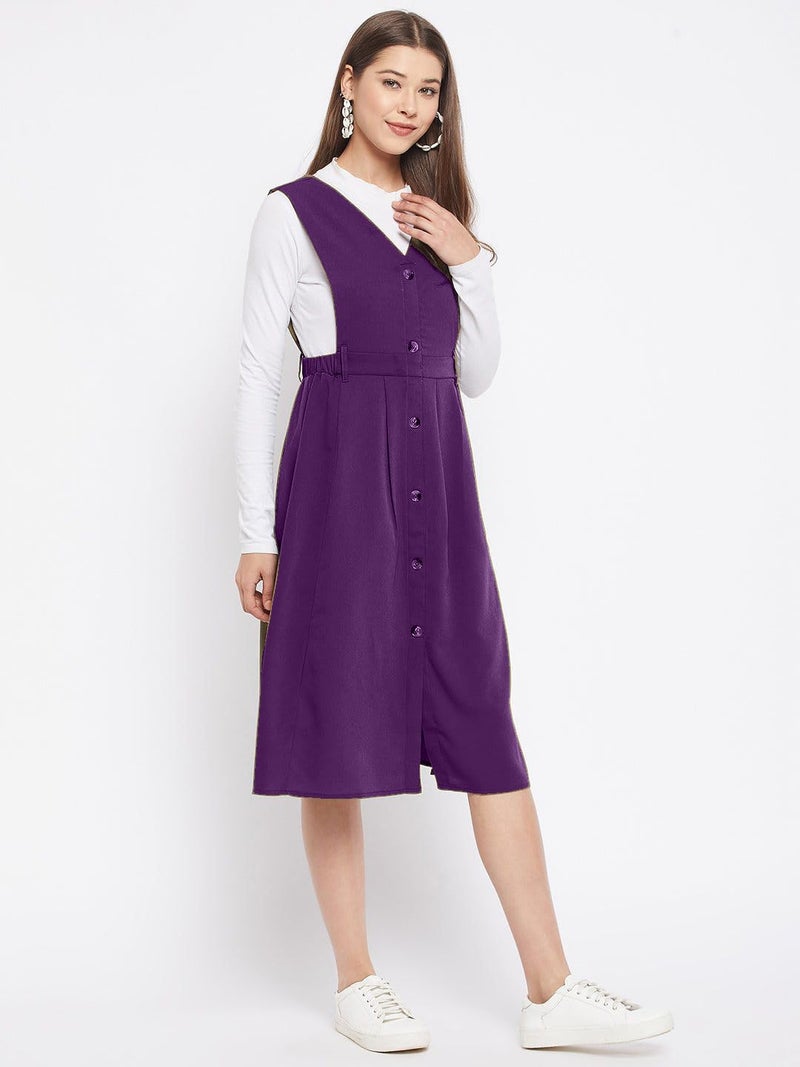 WineRed Women Purple Solid Pinafore Dress with Button - Image 4