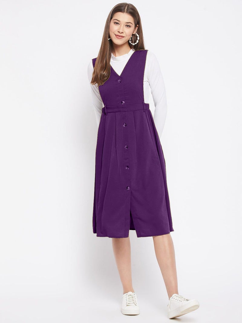 WineRed Women Purple Solid Pinafore Dress with Button - Image 2