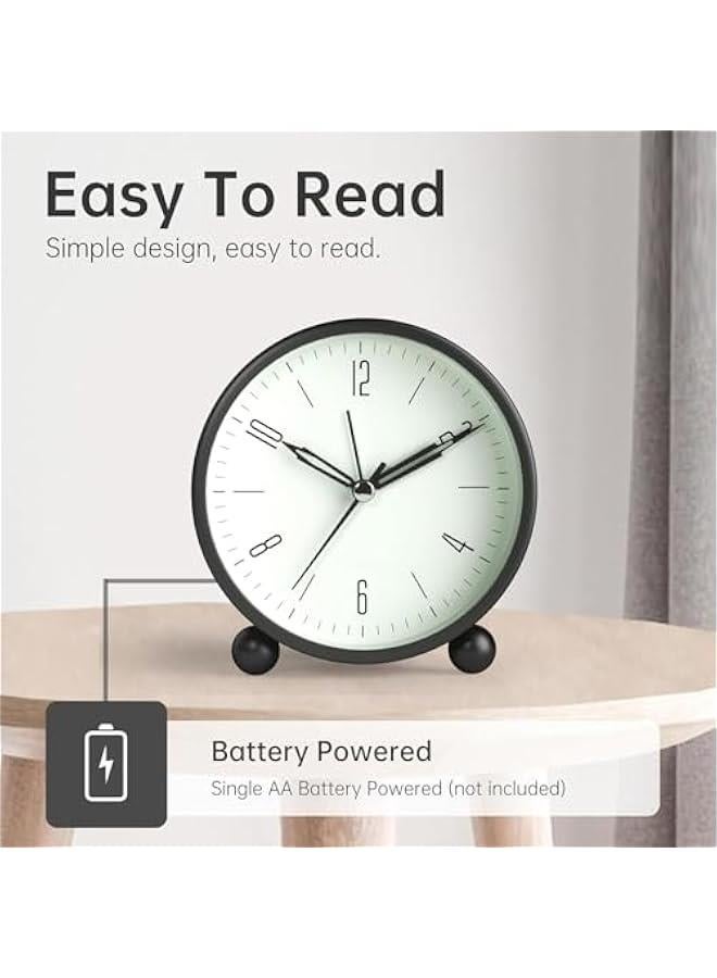HOOKOR Alarm Clock, 4 inch Super Silent Non Ticking Small Clock with Night Light, Battery Operated, Simple Design, Old Fashioned Style Sage Decor, for Bedroom, Bedside, Desk, Adult, Kid Gift (Black)  - Image 3