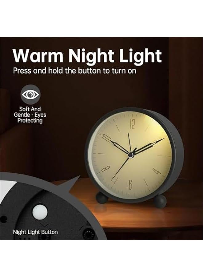 HOOKOR Alarm Clock, 4 inch Super Silent Non Ticking Small Clock with Night Light, Battery Operated, Simple Design, Old Fashioned Style Sage Decor, for Bedroom, Bedside, Desk, Adult, Kid Gift (Black)  - Image 4
