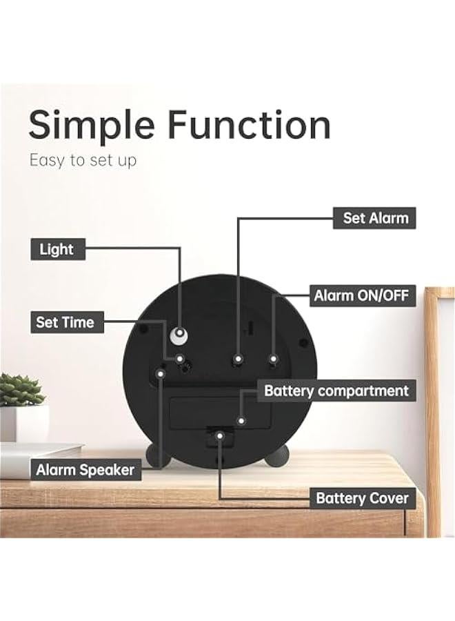 HOOKOR Alarm Clock, 4 inch Super Silent Non Ticking Small Clock with Night Light, Battery Operated, Simple Design, Old Fashioned Style Sage Decor, for Bedroom, Bedside, Desk, Adult, Kid Gift (Black)  - Image 5