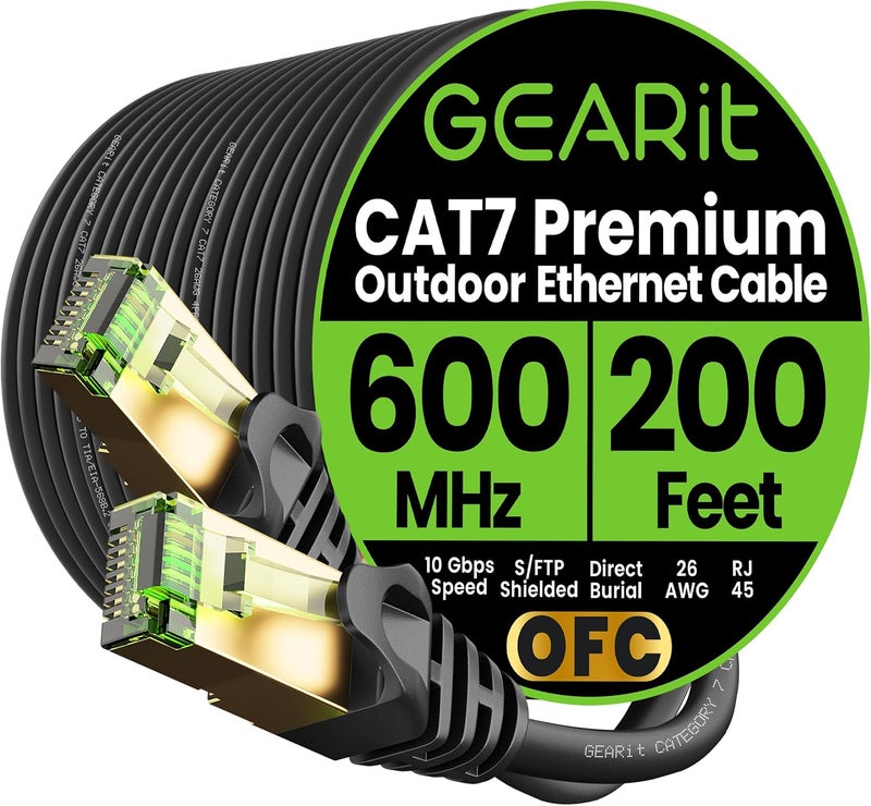 GearIT Cat7 Outdoor Ethernet Cable (200ft) SFTP Shielded Foil Twisted Pair, Pure Copper, LLDPE, Waterproof, Direct Burial, In-Ground, UV Resistant, POE, Network, LAN, Internet, Cat 7-200 Feet - Image 1