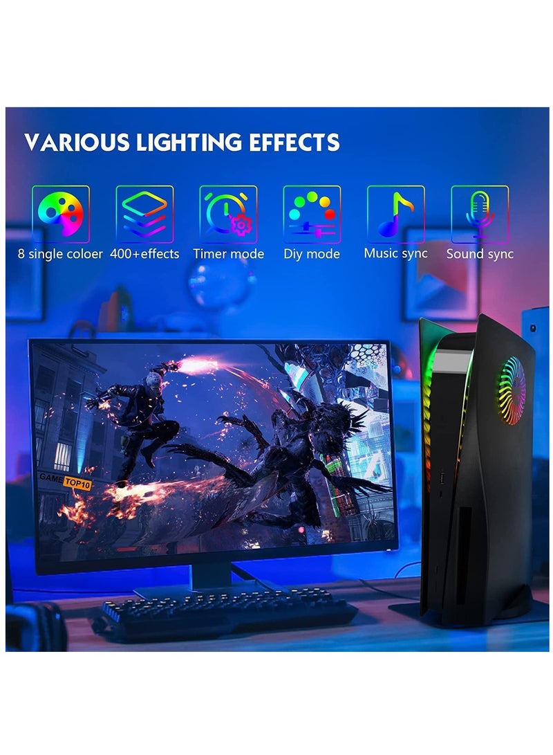 SOLARAE PS5 Console Face Plates and RGB LED Light Strip, for Playstation 5 Accessories with Fan Vents Faceplate Shockproof ABS Shell Cover Case, PS5 Lights 8 Color 400+Effects Decorative Ring Kit - Black - Image 2
