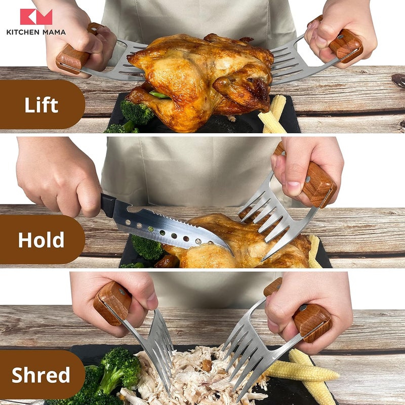 Kitchen Mama Meat Claws: Stainless Steel Shredder Claws with Wooden Handle for BBQ, Shredding, Pulling Pork, Chicken, Beef, and Turkey - Perfect for Grill Masters (1 Pair) - Image 2