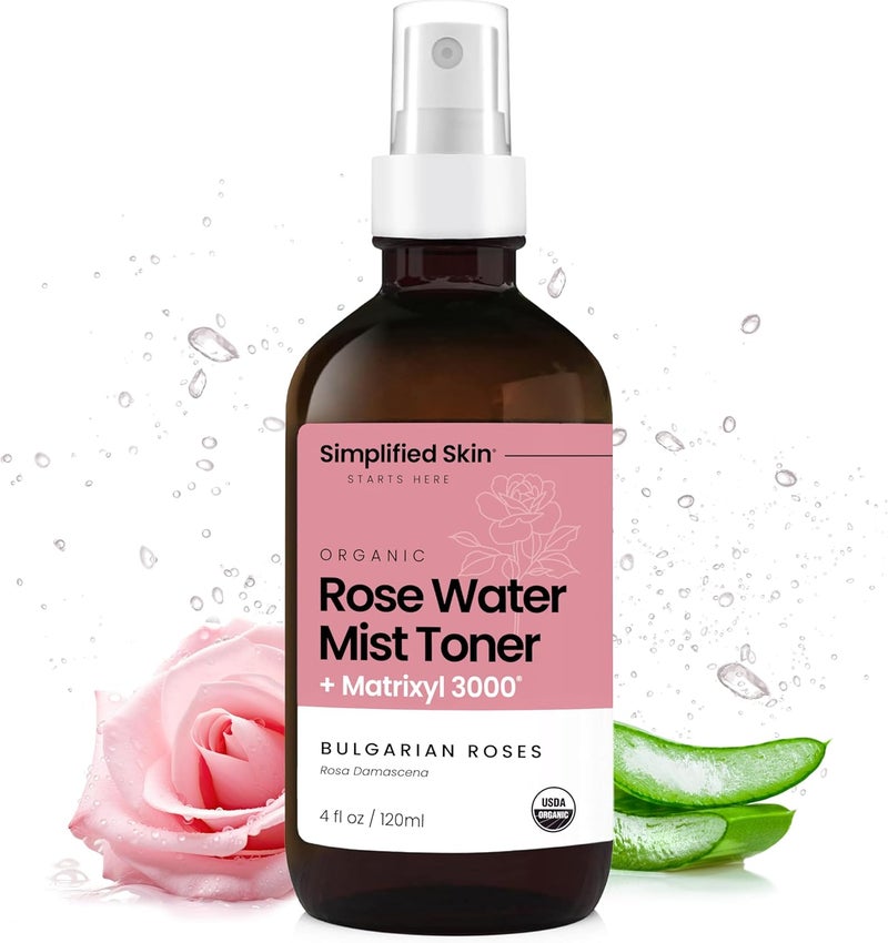 Rose Water Spray for Face with Matrixyl 3000  Organic Rosewater Face Mist with Aloe Vera  Hyaluronic Acid  Hydrating Reduces Fine Lines Boosts Collagen Production  Soothes Skin  4 Fl Oz