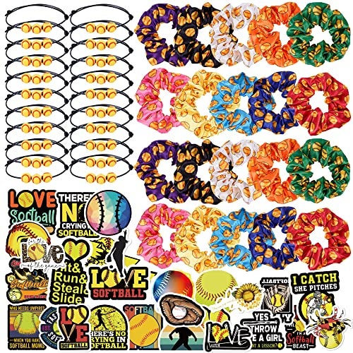 Kolewo4ever 140 Pieces Softball Party Favor Set Softball Team Gifts for Girls Women 20 Satin Softball Scrunchies Hair Ties20 Adjustable Softball Bracelet and 100 Softball Stickers Softball Birthday Party - Image 1