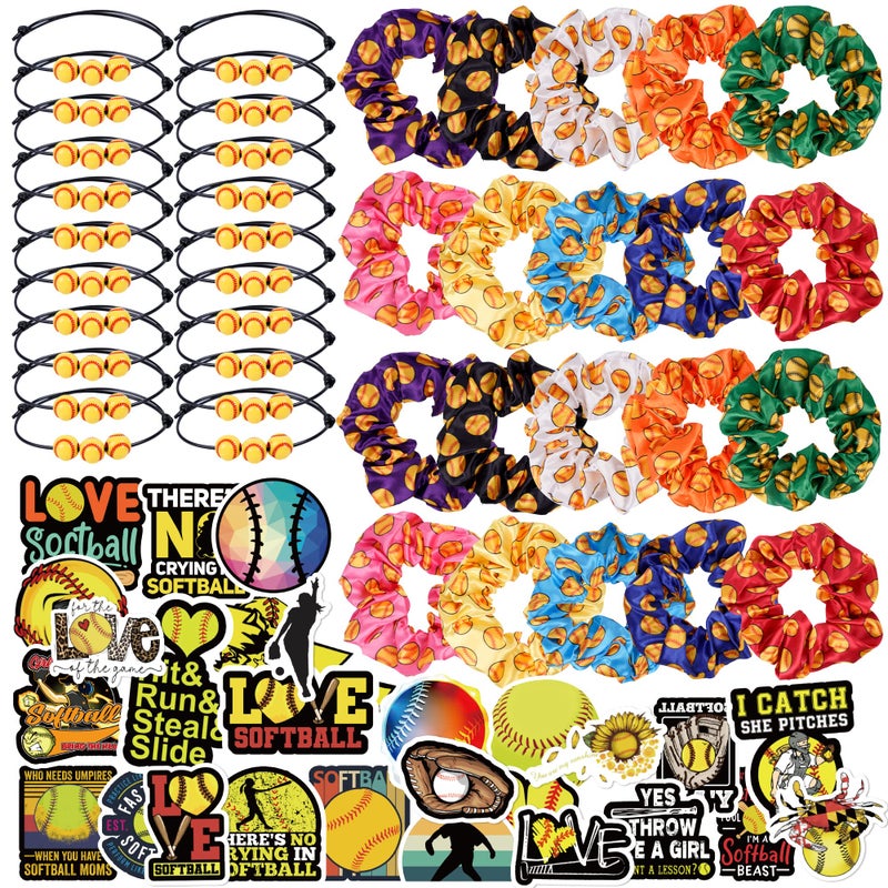 Kolewo4ever 140 Pieces Softball Party Favor Set Softball Team Gifts for Girls Women 20 Satin Softball Scrunchies Hair Ties20 Adjustable Softball Bracelet and 100 Softball Stickers Softball Birthday Party - Image 3