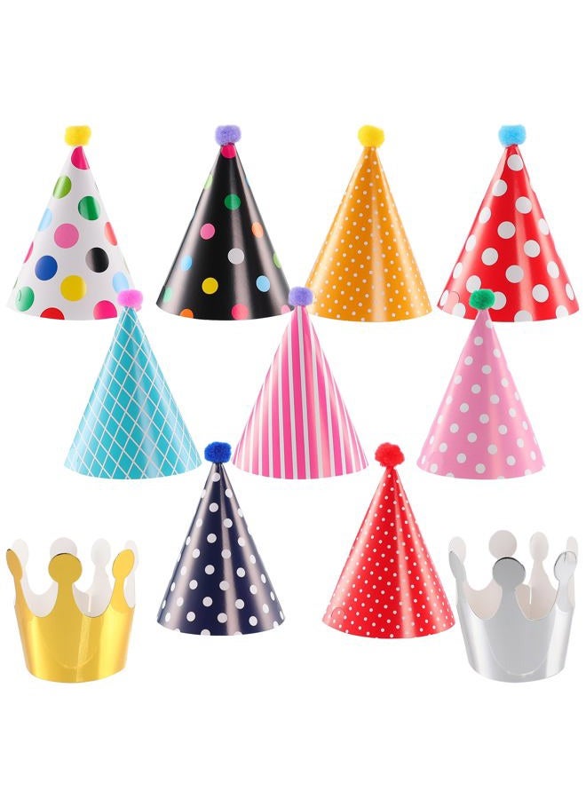 Costyleen 11 Pcs Birthday Party Hats,Party Hats Set Includes 9 Adorable Mini Cone Hats with Pom Poms and 2 Colorful Paper Crowns for Pet Birthday Party Decor - Image 1