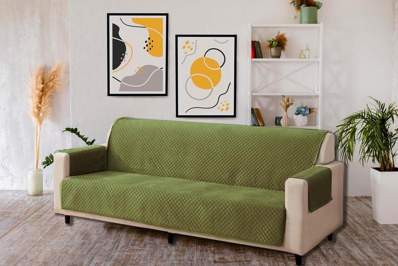 KINGLY Velvet Quilted Universal Elastic Sofa Cover Non-Slip Sofa Protector 2 Seater Armchair Cover with Machine Washable Adjustable Elastic Straps (2 Seater) (G.Green) - Image 4