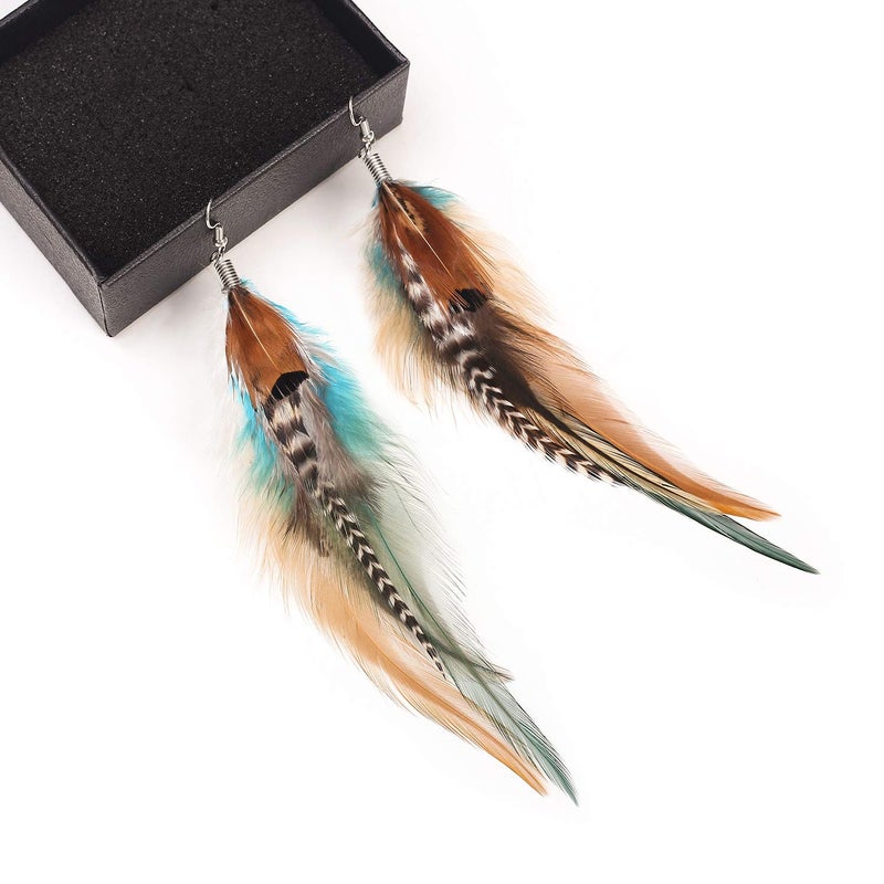 lureme Bohemian Multicolor Pheasant Feathers Dangle Earrings Handmade Natural Feather Earrings (er006314-4) - Image 5