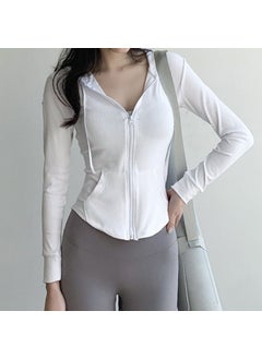 Womens Spring Autumn New Slimming Yoga Suit Sport Hooded Zipper Top Casual Fitness Jacket Long Sleeve Quick Dry Slimming White