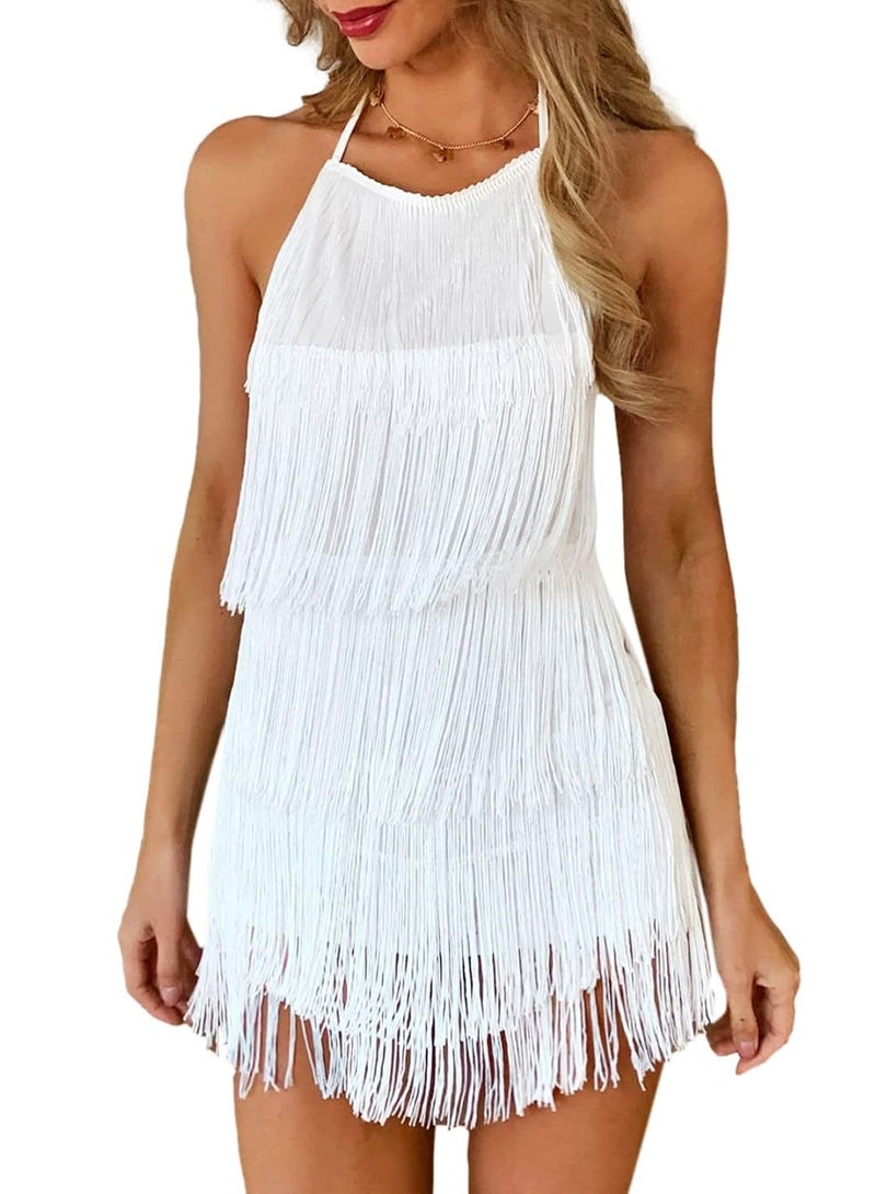 EVELUST Womens Country Concert Fringe Dress - Western Cowgirl Outfit Backless Halter Elastic Jumpsuit Rodeo Festival Romper(White,M,1074e) - Image 1