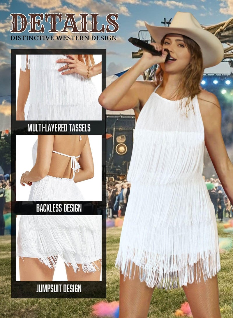 EVELUST Womens Country Concert Fringe Dress - Western Cowgirl Outfit Backless Halter Elastic Jumpsuit Rodeo Festival Romper(White,M,1074e) - Image 4