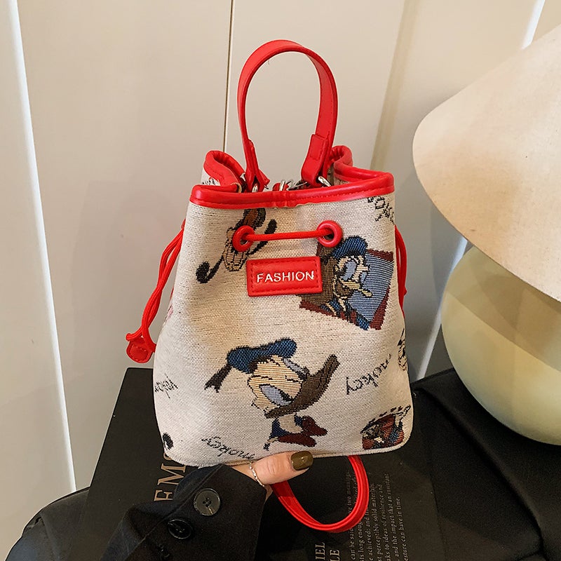 Cartoon Embroidered Small Bag For Women Fashion Satchel Canvas Bucket Bag Summer Versatile Shoulder Crossbody Bag - Image 2