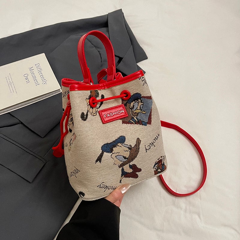 Cartoon Embroidered Small Bag For Women Fashion Satchel Canvas Bucket Bag Summer Versatile Shoulder Crossbody Bag - Image 1