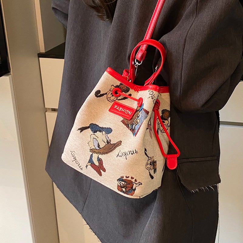 Cartoon Embroidered Small Bag For Women Fashion Satchel Canvas Bucket Bag Summer Versatile Shoulder Crossbody Bag - Image 3