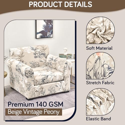 HOKIPO Sofa Cover with Seat Cushion Cover for 1 Seater Sofa | 140gsm Fully Covered Sofa Cover, Beige Vintage Peony (AR-5950-D4) - Image 3