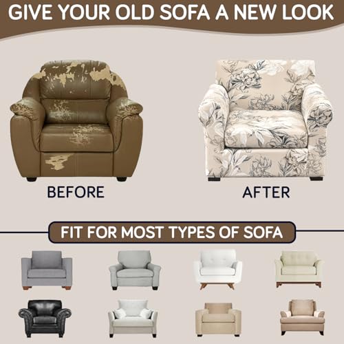 HOKIPO Sofa Cover with Seat Cushion Cover for 1 Seater Sofa | 140gsm Fully Covered Sofa Cover, Beige Vintage Peony (AR-5950-D4) - Image 5