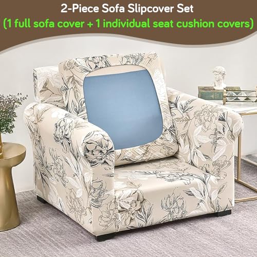 HOKIPO Sofa Cover with Seat Cushion Cover for 1 Seater Sofa | 140gsm Fully Covered Sofa Cover, Beige Vintage Peony (AR-5950-D4) - Image 2