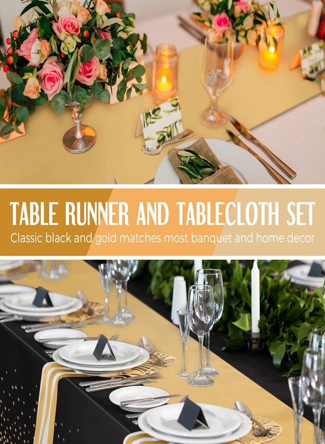 Breling 8 Pack New Year Black and Gold Disposable Plastic Tablecloths and Satin Table Runner Set, 54 x 108 Inch Tablecloth, 12 x 108 Inch Table Runners for Wedding Graduation Birthday Baby Shower - Image 5