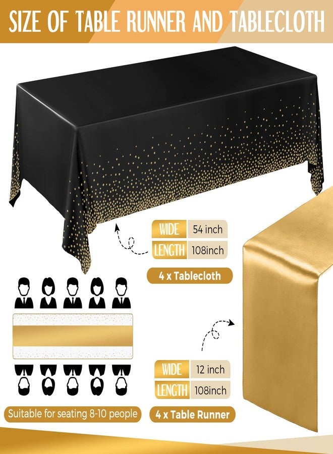 Breling 8 Pack New Year Black and Gold Disposable Plastic Tablecloths and Satin Table Runner Set, 54 x 108 Inch Tablecloth, 12 x 108 Inch Table Runners for Wedding Graduation Birthday Baby Shower - Image 2